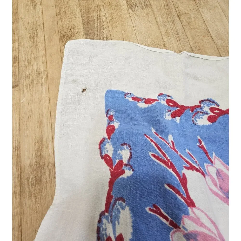 Vtg Floral Blue/Pink Cotton Tablecloth 64 x 50 Cottage Rustic Shabby Farmhouse